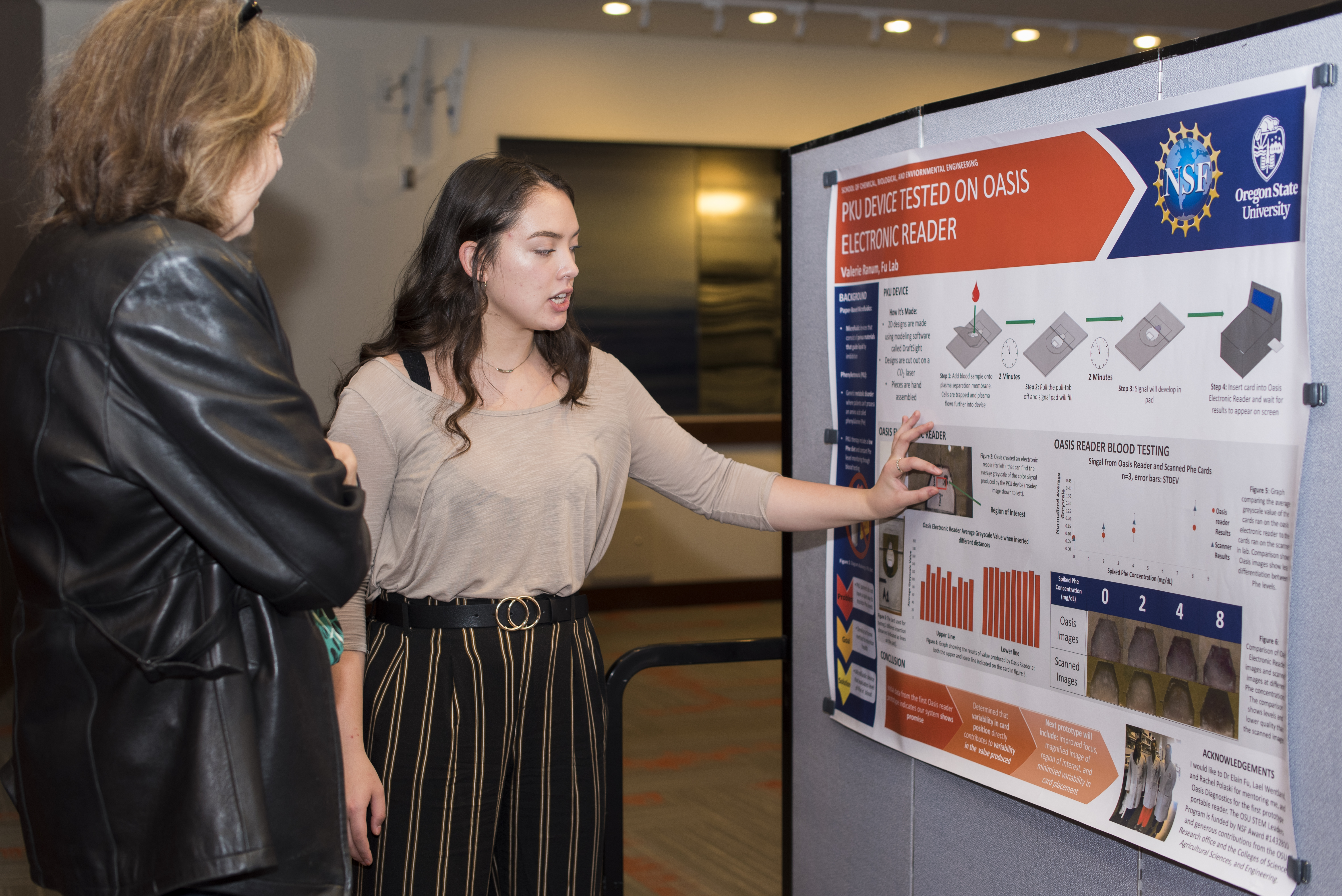 Female student presenting her research poster titled "PKU Device Tested on Oasis Electronic Reader" to a woman